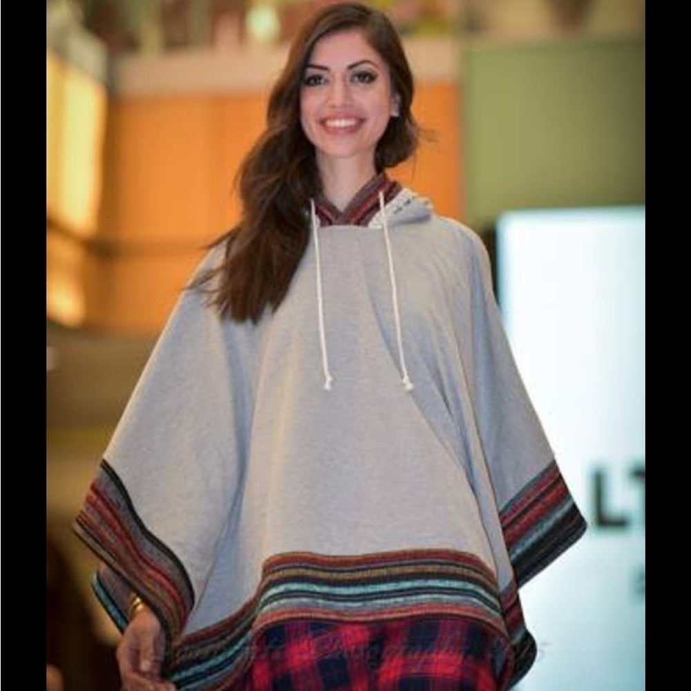 Altar’d State Gray Hooded Fleece Poncho XS With Aztec Multicolor Stripes